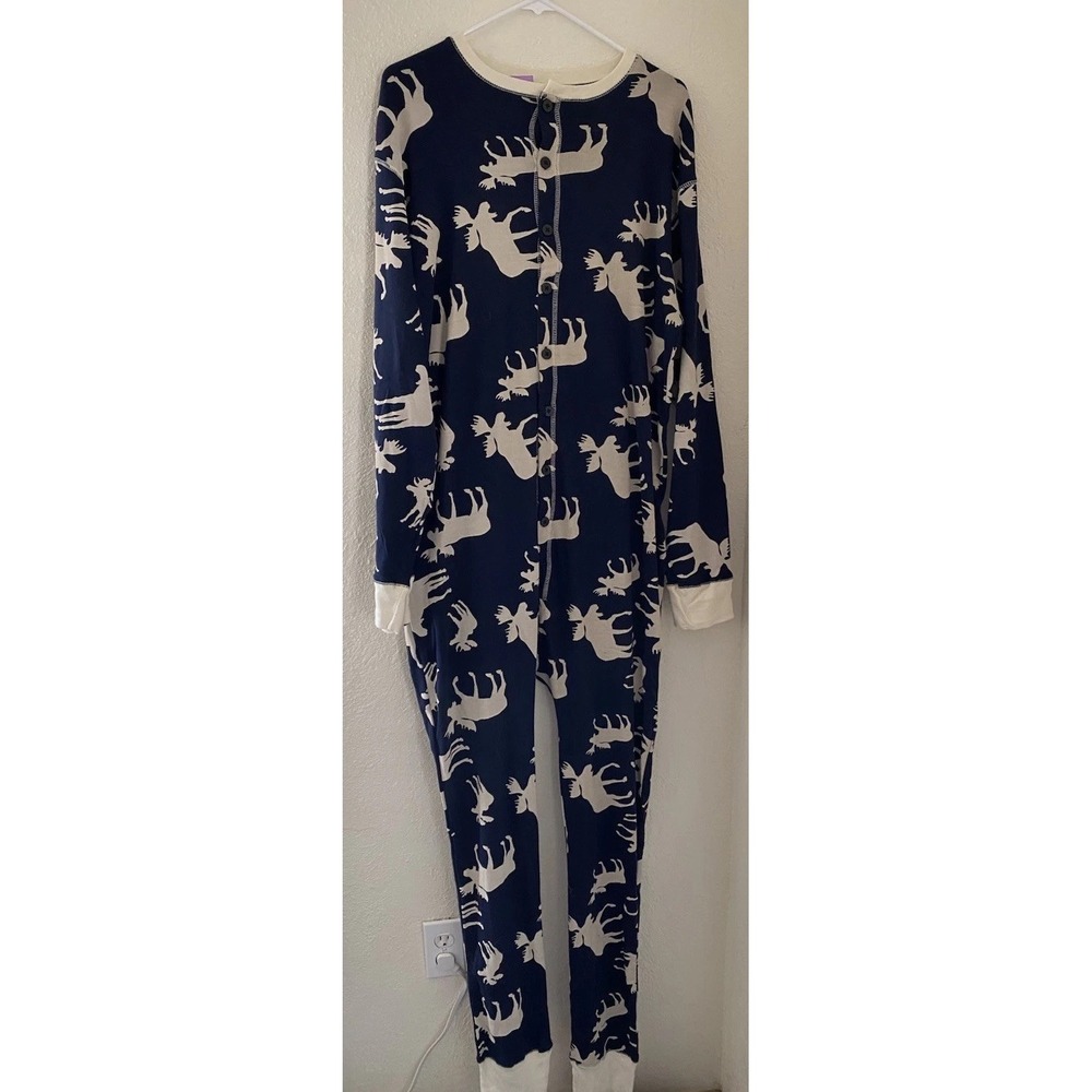 NWT Lazy One Unisex XL Moose Long Johns Navy/White 100% Cozy Cotton Nostalgic
